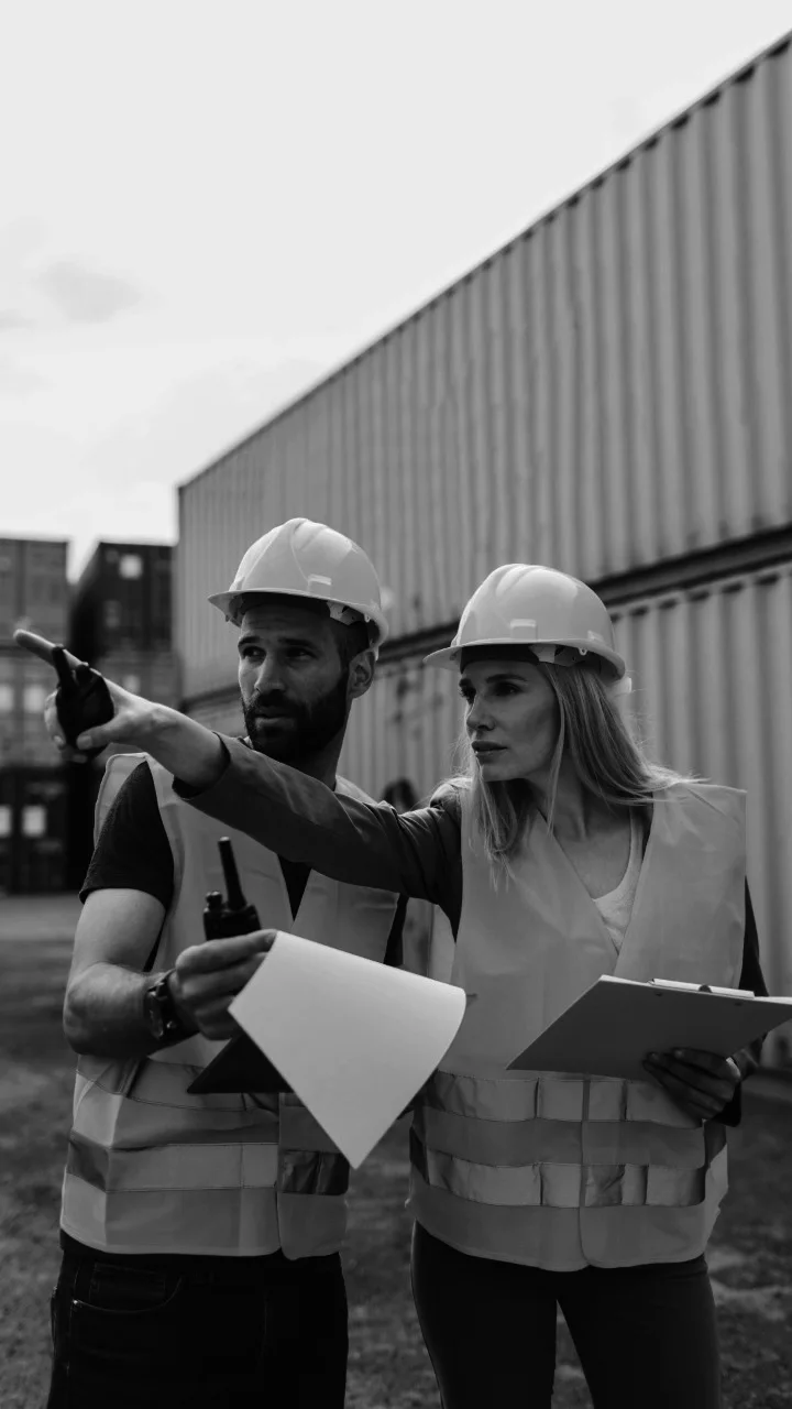 Profesionales con equipo de protección revisando documentación en un entorno industrial